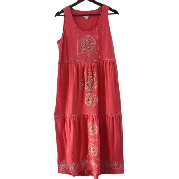 J. Jill Dresses & Skirts - J. Jill Coral Sleeveless Maxi Dress Tiered Embroidered Beach Womens MP Petite M